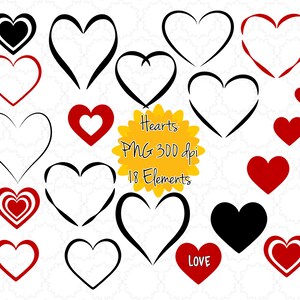 Heart Clipart | Heart Graphic | Heart Printable | Instant Download | Valentines Heart | Heart Clip Art | Love Heart Outlines PNG | Red Black