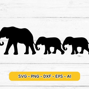 May include: Silhouette of three elephants walking in a line, the largest in front, the smallest in the back. The elephants are black against a white background.