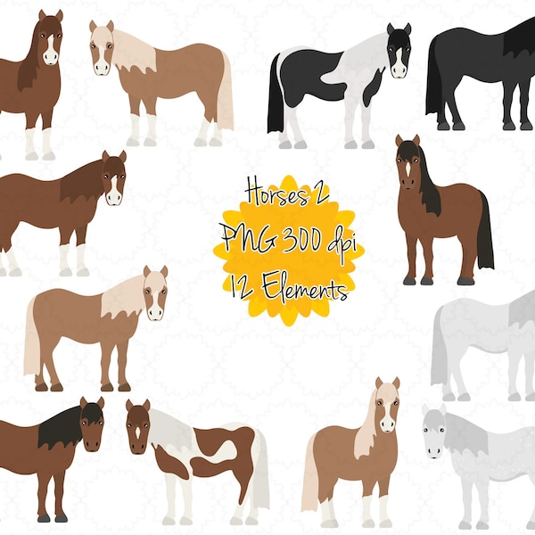 Horses Clipart | Pony Clip Art | Horse Graphic png | Instant Download Printable Digital Art | Farm Animal  Black Piebald Grey Palomino Pinto