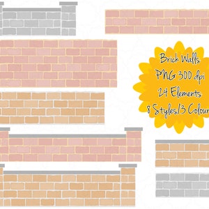 May include: A set of 24 digital brick wall elements in 8 styles and 3 colors: gray, peach, and tan. The brick walls are PNG files at 300 dpi.
