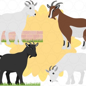 Puede incluir: Cuatro cabras, dos blancas, una marr&oacute;n y una negra, est&aacute;n de pie en un campo de hierba con un muro de ladrillo en el fondo. Las cabras est&aacute;n todas mirando en diferentes direcciones.