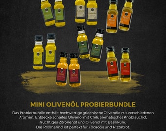 Mini Olivenöl Probierbundle | 14 kleine Olivenöle | Mit Chili, Basilikum, Knoblauch, Pizzaöl, Zitrone & Rosmarin