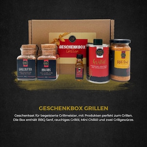 Geschenkbox Grillen / Grillöl, BBQ Senf, Grillgewürze / Geschenk für Männer zu Weihnachten, Geburtstag, Mitarbeitergeschenk, Jubiläum