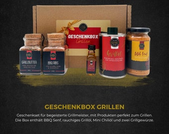 Geschenkbox Grillen / Grillöl, BBQ Senf, Grillgewürze / Geschenk für Männer zu Weihnachten, Geburtstag, Mitarbeitergeschenk, Jubiläum