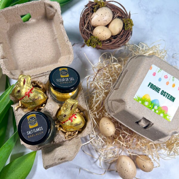 Ostergeschenk im Eierkarton | Gewürzsalze & Schokolade im süßen Eierkarton | kleines Ostergeschenk für Erwachsene: Freundin, Kollegen, Mama