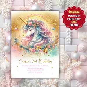 Invito digitale magico di Natale con unicorno per bambini / Facile da scaricare e modificare / Invito di Natale modificabile con unicorno