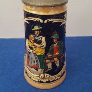 Antique german beer Stein Cobalt small Mug with cover