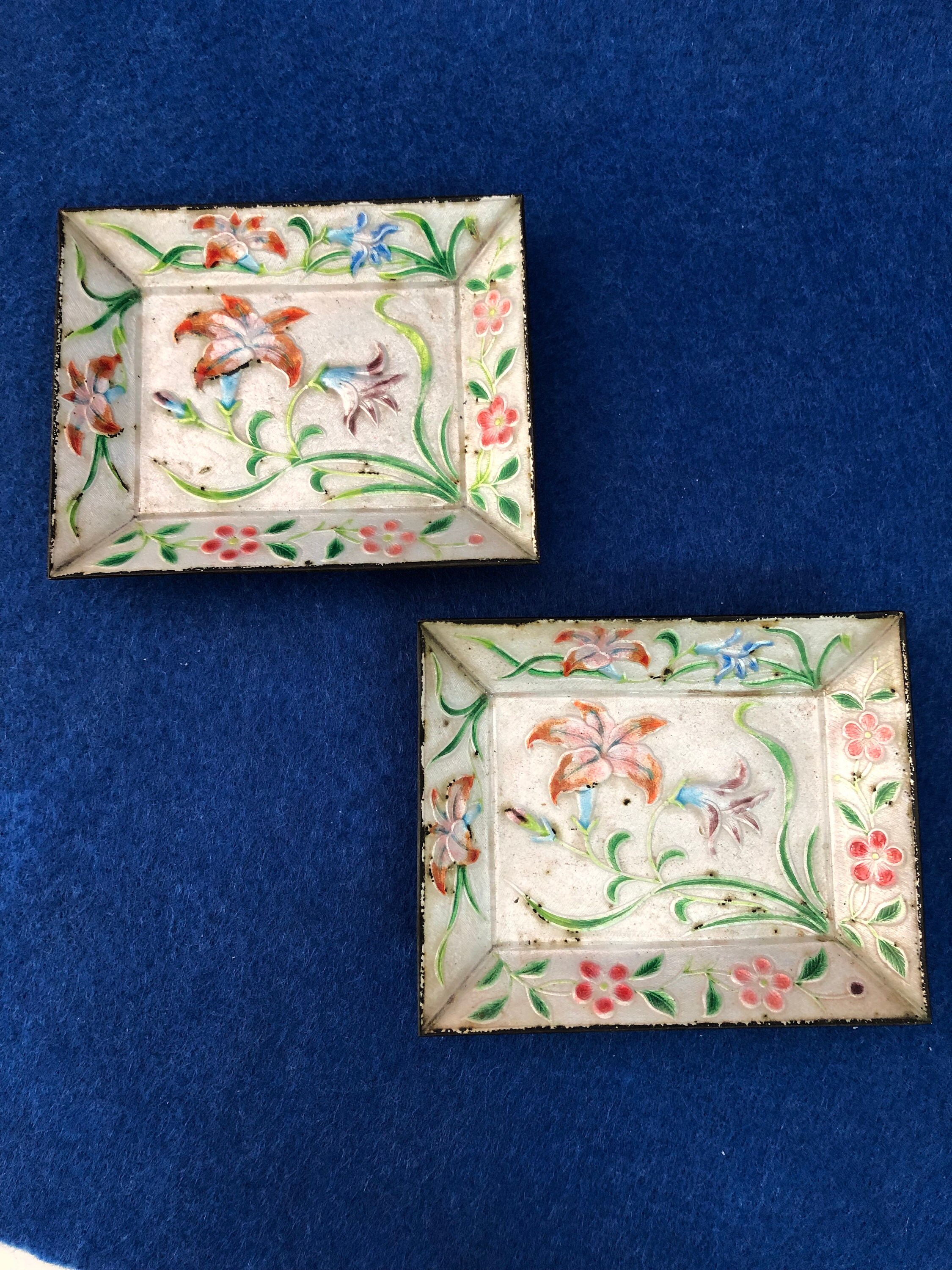 Antique Pair of enamel and metal canton chinese ashtrays marked China