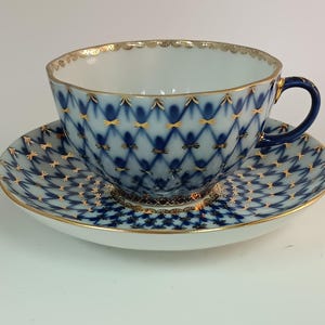 Gorgeous Lomonosov Porcelain Tea Cup & Saucer Blue and White Lace St. Petersburg Imperial Porcelain