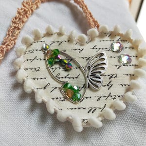 Fabric heart necklace, multicolor crystal necklace, heart pendant necklace, heart with butterfly, beaded jewelry