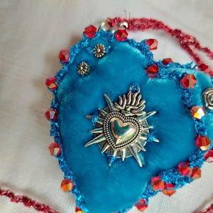 Heart necklace, Crochet necklace, Velvet heart necklace, Heart pendant necklace, Turquoise heart, Beaded jewelry