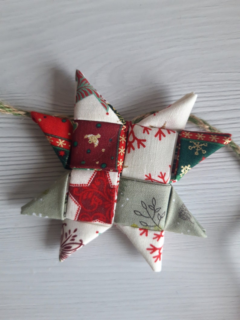 Scandinavische Star-kerstboomdecoratie, enkelvoudig, 3-pack, 5-pack, handgemaakt in Ierland met kerst, feestelijke, reguliere stoffen. afbeelding 3