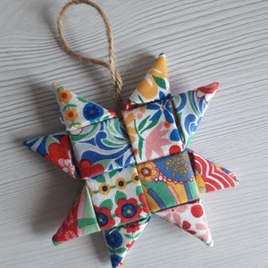 Scandinavische Star-kerstboomdecoratie, enkelvoudig, 3-pack, 5-pack, handgemaakt in Ierland met kerst, feestelijke, reguliere stoffen. afbeelding 1