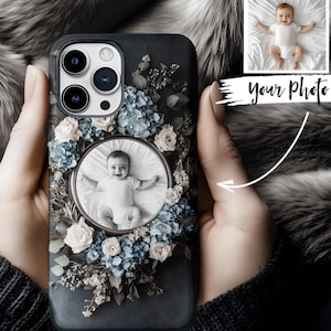 Coque de téléphone personnalisée avec cadre photo floral pour bébé, compatible pour iPhone 16 Pro Max, Samsung S24 Ultra, Google Pixel 8, coque de téléphone personnalisée