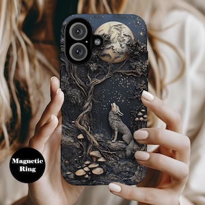 Wolf Moon Phone Case, Mystical Forest Night Design, Celestial Nature Art, Dark Fantasy Aesthetic ps2122F