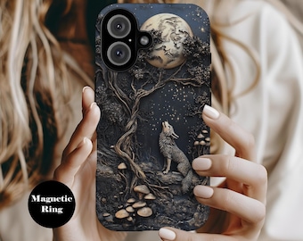 Wolf Moon Phone Case, Mystical Forest Night Design, Celestial Nature Art, Dark Fantasy Aesthetic ps2122F