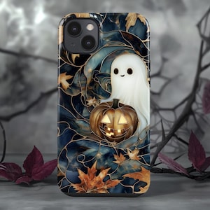Spooky Fall Ghost iPhone Case with Pumpkin – MagSafe Halloween Phone Case for iPhone 13, 14, 15, 16 – Cute Ghost Autumn Theme ps215