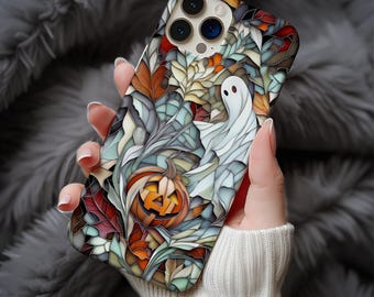 Ghost Pumpkin Stained Glass Phone Case, Spooky Halloween Art, Autumn Gothic MagSafe Cover ps223