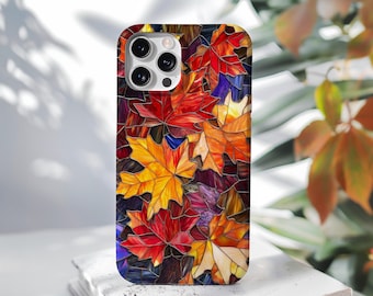 Stained Glass Autumn Leaves Phone Case, Colorful Maple Mosaic Design, Fall Botanical Art ps200