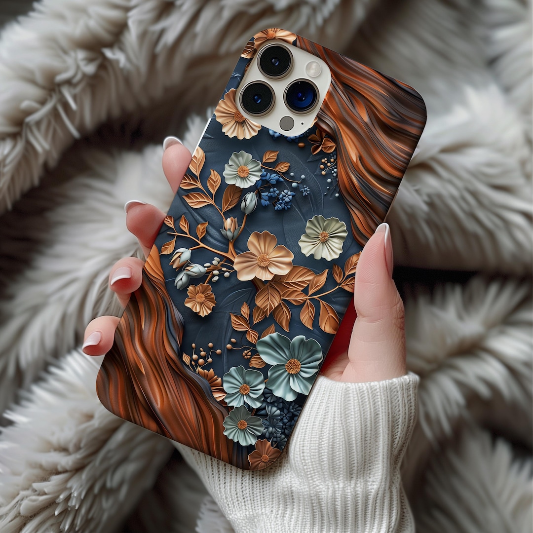 3D Wood Carved Look Phone Case With Floral Design Fits iPhone 15