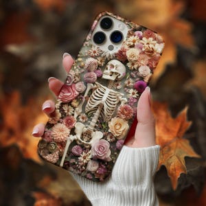 Gothic Blumen Skelett iPhone Hülle, 3D detaillierte Skelett Handyhülle für iPhone 11, 12, 13, 14 und 15, Halloween Blumen Design ps14 Bild 1