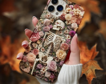 Gothic Blumen Skelett iPhone Hülle, 3D detaillierte Skelett Handyhülle für iPhone 11, 12, 13, 14 und 15, Halloween Blumen Design ps14
