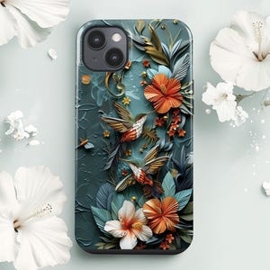 3D Tropical Hummingbird and Floral Phone Case | Jungle Flowers and Birds | MagSafe iPhone 14 15 16 | Galaxy S25 Ultra | Pixel 9 8 ps80