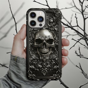 Coque de portable robuste avec tête de mort gothique, Dark Academia, illustrations 3D en acier chromé, iPhone 15, 14, 13, 12, 11, Samsung Galaxy Cover ps g13