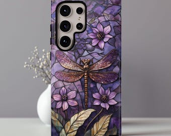 3D Stained Glass Libellen Handyhülle - Lila Blumen Design für iPhone 14 15 16, Galaxy S23 S24 S25, Pixel 7 8 9 ps84 iPhone 17