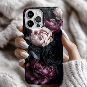 de téléphone portable floral foncé | Design 3D noir et rose bordeaux | MagSafe pour iPhone, Samsung, Google Pixel p211
