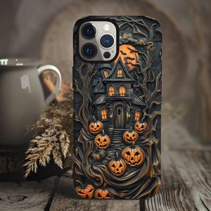 Capa para celular 3D com tema de casa assombrada de Halloween - Design assustador de abóbora de Halloween - Capa protetora para iPhone ps247