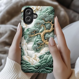 Custodia per telefono con albero di pino giapponese e cascata – Arte della natura zen verde 3D per iPhone 16, 15, 14, Samsung S24, Google Pixel 8 ps11362