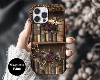 Vintage Bookshelf and Roses 3D Phone Case, MagSafe Compatible for iPhone 14, 15, 16 Pro Max, Classic Literary iPhone Cover,Dark Floral ps080