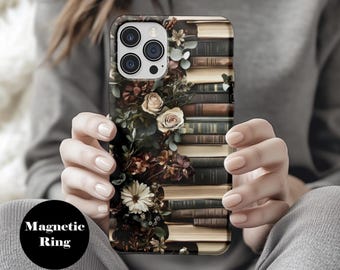 Dark Floral Library 3D Phone Case, MagSafe Compatible for iPhone 14, 15, 16 Pro Max, Vintage Book Lover Gift, Gothic Floral iPhone ps17