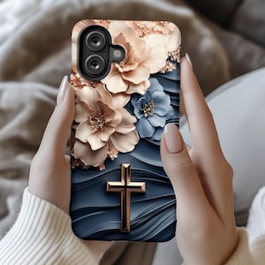 Etui na telefon z motywem chrześcijańskiego złotego krzyża i kwiatowym wzorem – elegancki wzór wiary na iPhone'a 16, Samsunga S25, Pixela 9 i iPhone'a 17