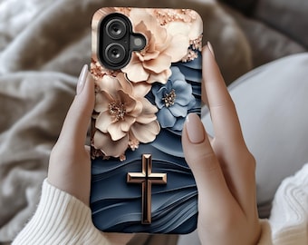 キリスト教の金色の十字架と花柄のスマホケース – iPhone 16、Samsung S25、Pixel 9、ps2127 iPhone 17 用のエレガントな信仰デザイン