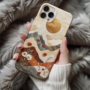 Telefoonhoesje Sunset Mountain bloemen – landschap in aardse kleistijl voor iPhone 14 15, Samsung Galaxy S25, Pixel 9 ph14 iPhone 17