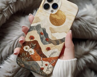 Sunset Mountain Floral Phone Case – Earthy Clay Style Landscape for iPhone 14 15, Samsung Galaxy S25, Pixel 9 ph14 iPhone 17