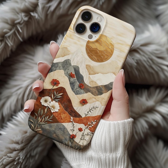 Sunset Mountain Floral Phone Case – Earthy Clay Style Landscape for iPhone 14 15, Samsung Galaxy S25, Pixel 9 ph14 iPhone 17