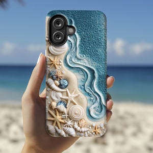 Beach Seashell Phone Case - Ocean Waves Sand Design for iPhone 16, Samsung S25, Pixel 9, 3D look ps113778