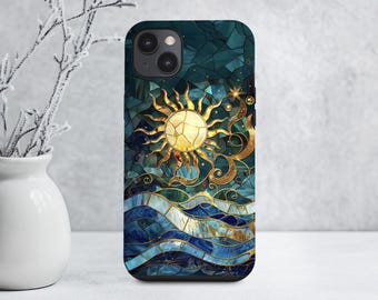 Telefonskal med himmelsk sol, havsdesign i målat glas, konst med guldfärgad sol och vågor, mystisk kustestetik ps117