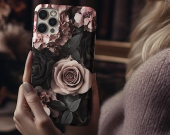 3D Dunkel Blumen Handyhülle | Elegantes Pink & Black Rose Design | MagSafe iPhone 16, iPhone 15 Pro Max, Galaxy S23 | Blumen Kunst Koffer ps133