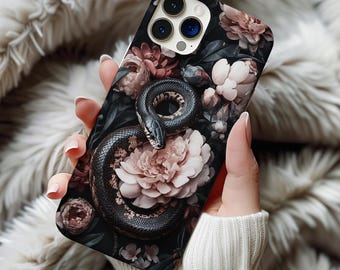 Mörk gotisk orm- och pionblommig telefonskal – Svart orm med blomdesign för iPhone, Samsung, Google Pixel – Skyddsskal ps3532
