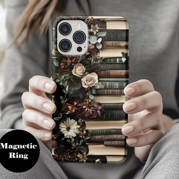 Funda para teléfono 3D Dark Floral Library, compatible con MagSafe para iPhone 14, 15, 16 Pro Max, regalo vintage para amantes de los libros, diseño gótico floral para iPhone ps17