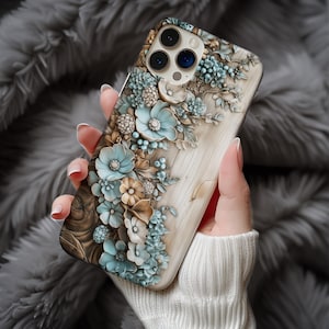 Telefoonhoesje met houtsnijwerk en bloemen 3D voor iPhone 15, Samsung Galaxy S24, Pixel 8 Pro - elegant bloemontwerp ps248 iPhone 17