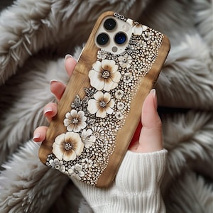 Boho Wood Carving Look Floral Phone Case for iPhone, Samsung, Google Pixel - Rustic Nature Design, Unique Boho Art,Botanical Pattern ps244