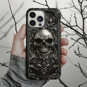 Intricate Gothic Skull Design Tough Phone Case, Dark Academia, Steel Chrome 3D Art, iPhone 15, 14, 13, 12, 11, Samsung Galaxy Cover ps g13
