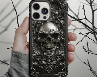Intricate Gothic Skull Design Tough Phone Case, Dark Academia, Steel Chrome 3D Art, iPhone 15, 14, 13, 12, 11, Samsung Galaxy Cover ps g13