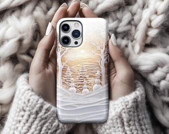 May include: A smartphone case featuring a layered paper-cut style winter scene with three white snowmen standing in a snowy forest. The design includes tall bare trees, evergreen pines, and a soft golden sun glowing in the background sky.