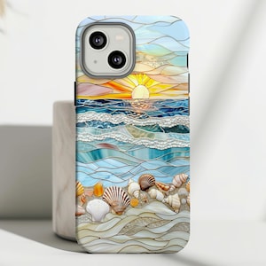 Stained Glass Beach Sunset Phone Case for iPhone & Samsung - Seashell Ocean Art Cover ps397